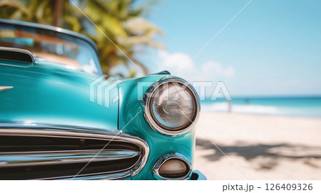 Vintage car parked on tropical beach. 126409326