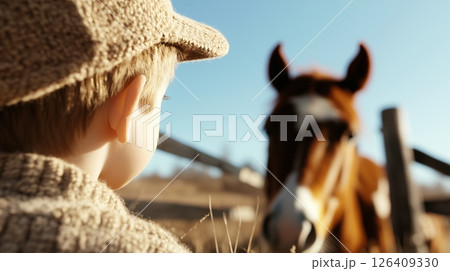 visit farm boy eats horse grass friend fence farm 126409330