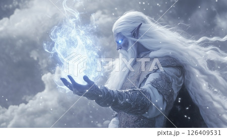 powerful drow sorcerer with glowing eyes casting a spell 126409531
