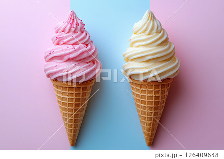 Two ice creams, strawberry and vanilla, on a two-color red and blue background 126409638