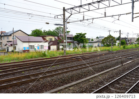 JR北海道、日高本線の苫小牧駅から鵡川駅までの風景(2023年夏曇り空) 126409713