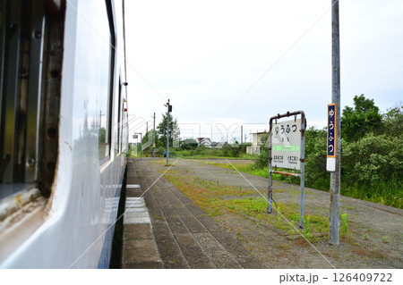 JR北海道、日高本線の苫小牧駅から鵡川駅までの風景(2023年夏曇り空) 126409722