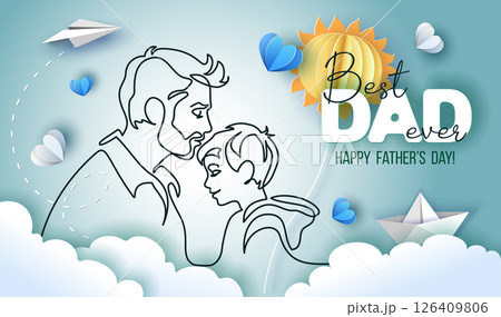 Happy Fathers Day holiday card. Dad kisses his son Happy Fathers Day holiday card. Dad kisses his son 126409806
