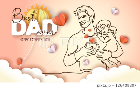 Happy Fathers Day holiday card. Dad drinks morning coffee and holds his sleeping daughter in his arms. Happy Fathers Day holiday card. Dad drinks morning coffee and holds his sleeping daughter in his arms. 126409807