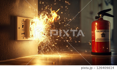Electrical outlet short circuit with sparks flying, concept of home hazard and fire safety Electrical outlet short circuit with sparks flying, concept of home hazard and fire safety 126409814