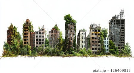 Ruined city architecture overtaken by greenery, isolated on white, symbol of decay and regrowth Ruined city architecture overtaken by greenery, isolated on white, symbol of decay and regrowth 126409815
