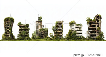 Overgrown abandoned buildings with plants and trees on white background, reclaiming urban structures 126409816