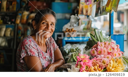 Smiling elderly woman selling flowers at local market stall, cheerful and colorful outdoor portrait 126409819