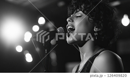 Expressive moment of a woman singing into a microphone, black and white concert scene with lights 126409820