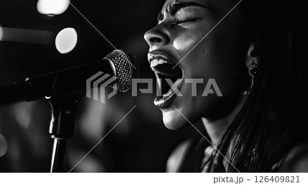 Expressive moment of a woman singing into a microphone, black and white concert scene with lights 126409821