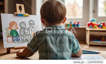 A baby child draws a drawing as a gift to his father on his father's birthday. Concept of children's development of fine motor skills, family relationship father-son, care and love 126409862