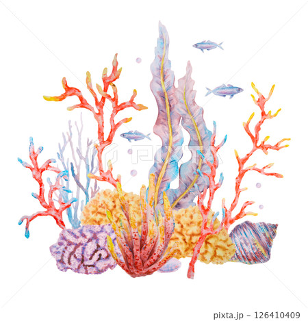 Watercolor illustration of an underwater scene with colorful corals, seaweed, tropical fish and shells, hand painted in vibrant tones, ideal for marine-themed designs, kids prints and packaging. 126410409