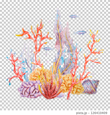 Watercolor illustration of an underwater scene with colorful corals, seaweed, tropical fish and shells, hand painted in vibrant tones, ideal for marine-themed designs, kids prints and packaging. 126410409