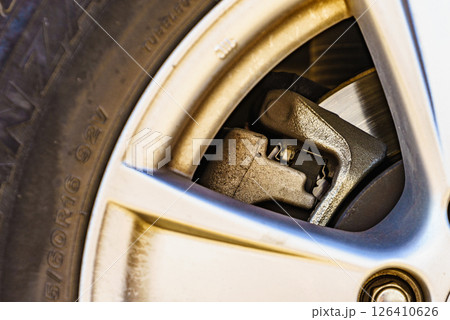Close up of rim wheel and brake. Car part. 126410626