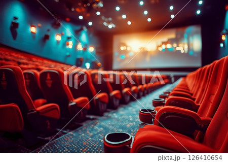 Modern Cinema Interior Featuring Empty Red Seats and a Bright Screen Displaying a City View 126410654