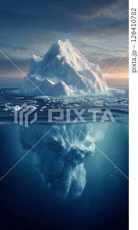 Majestic Iceberg Rises Above Serene Ocean Waters at Sunset 126410782