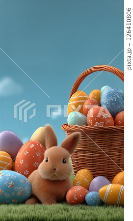Springtime Celebration With a Bunny and Colorful Easter Eggs in a Basket 126410806