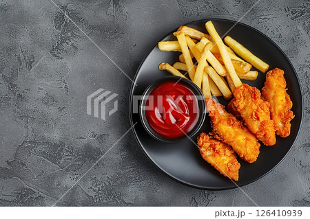 BBQ fried chicken nuggets with tomato, sour sauce. Top view of tasty hot nuggets served with ketchup on gray background. Golden deep-fried battered crispy nuggets with french fries. Potato chips pile 126410939