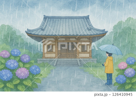 梅雨の寺と紫陽花と傘をさす人の水彩イラスト 126410945