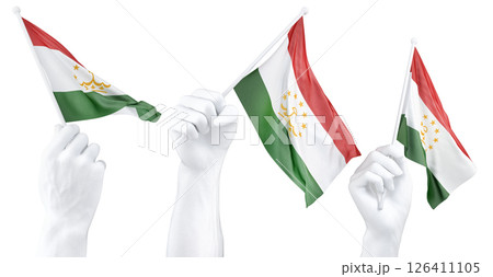 Hand holding flag of Tajikistan. Isolated 3d Rendering Hand holding flag of Tajikistan. Isolated 3d Rendering 126411105