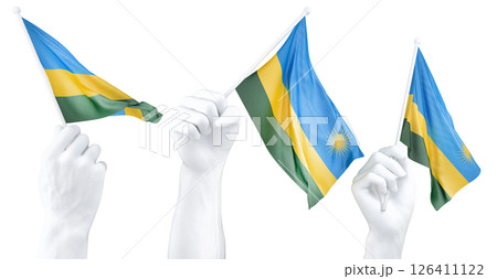 Hand holding flag of Rwanda. Isolated 3d Rendering Hand holding flag of Rwanda. Isolated 3d Rendering 126411122