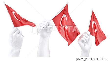 Hand holding flag of Turkey. Isolated 3d Rendering 126411127