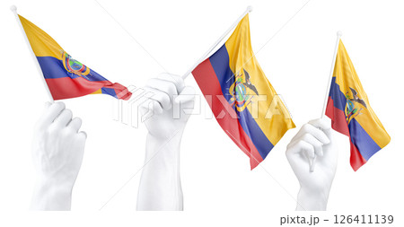 Hand holding flag of Ecuador. Isolated 3d Rendering Hand holding flag of Ecuador. Isolated 3d Rendering 126411139