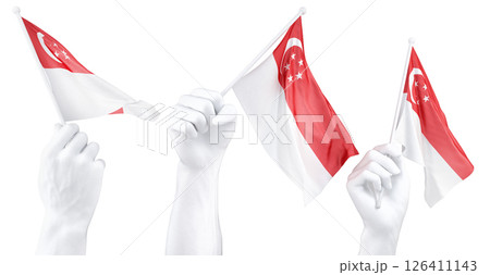 Hand holding flag of Singapore. Isolated 3d Rendering Hand holding flag of Singapore. Isolated 3d Rendering 126411143