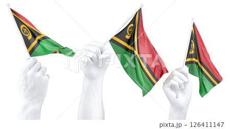 Hand holding flag of Vanuatu. Isolated 3d Rendering 126411147