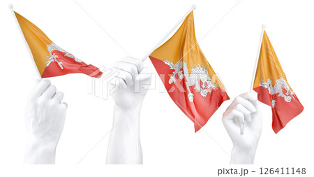 Hand holding flag of Bhutan. Isolated 3d Rendering 126411148
