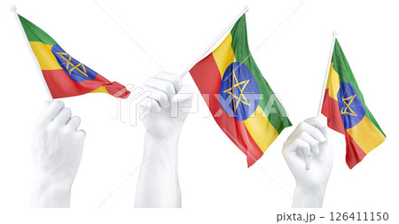 Hand holding flag of Ethiopia. Isolated 3d Rendering Hand holding flag of Ethiopia. Isolated 3d Rendering 126411150
