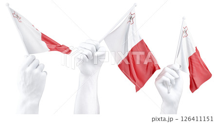 Hand holding flag of Malta. Isolated 3d Rendering Hand holding flag of Malta. Isolated 3d Rendering 126411151