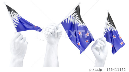 Hand holding fern flag of New Zealand. Isolated 3d Rendering 126411152