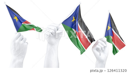 Hand holding flag of South Sudan. Isolated 3d Rendering 126411320