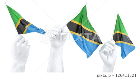 Hand holding flag of Tanzania. Isolated 3d Rendering 126411321