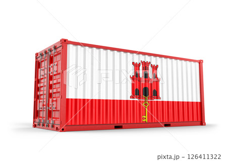 Freight container featuring Gibraltar flag, symbolizing global commerce, import, export, logistics, and supply chain management. 3d Rendering 126411322
