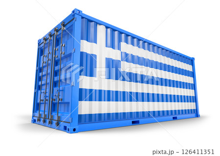 Shipping container displaying the Greek flag, representing import, export, and global logistics. 3d Rendering 126411351