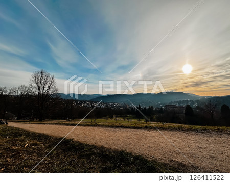 A beautiful landscape with a road and a tree in the foreground 126411522