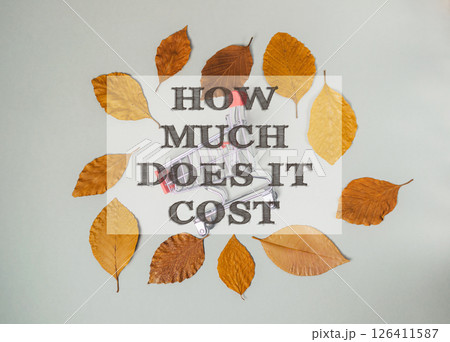 A leafy background with the words How much does it cost written in the center A leafy background with the words How much does it cost written in the center 126411587