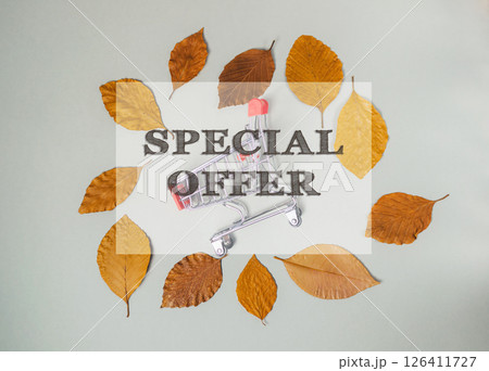 A cart with a sign that says Special Offer A cart with a sign that says Special Offer 126411727