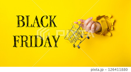 Hand holding a shopping cart with the words Black Friday written underneath Hand holding a shopping cart with the words Black Friday written underneath 126411880
