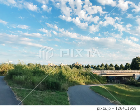 A bridge spans a river with a green field on either side 126411959
