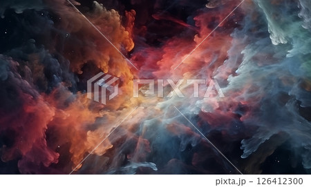 A colorful cloud of gas and dust in space. The colors are orange, blue, and purple. AI Generation. Background image	 126412300