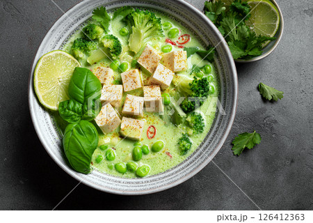 Thai green curry vegan soup with tofu 126412363