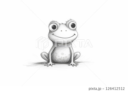 Frog is sitting on a white background with a smile on its face. 126412512