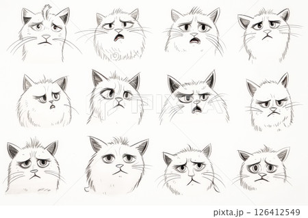 Series of black and white cat drawings with varying expressions. 126412549
