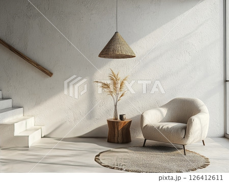 Minimalist lounge corner with armchair and stairs Minimalist lounge corner with armchair and stairs 126412611