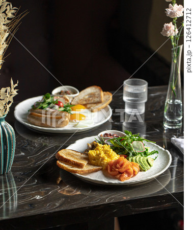 Table served with classic breakfast sets 126412712