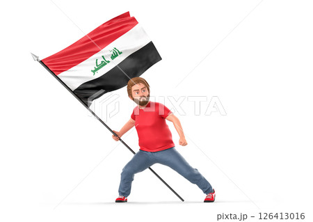 3d illustration of cartoon man firmly holding and displaying the Iraqi flag, symbolizing patriotism and national pride. 3D Rendering 126413016