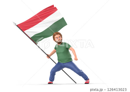 Cartoon man firmly holding and waving Hungarian flag. 3D Rendering. 126413023